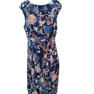 Dana Buchman Waist knot Sleeveless Dress, Blues/White/Peach, Size Large